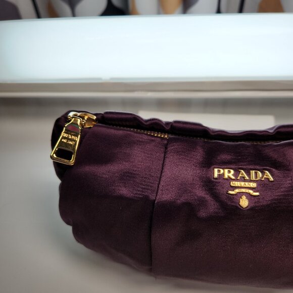 Vintage Prada Mini Wristlet Bag in Purple Eggplant Satin Fabric w Gold Hardware - Picture 2 of 16
